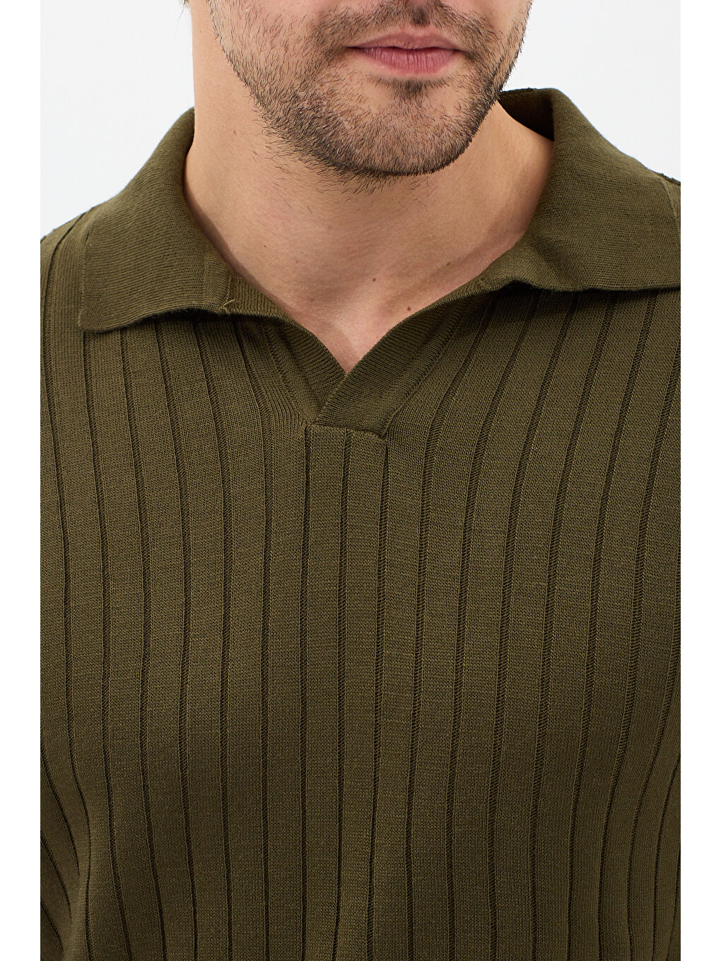 Haki Erkek Polo Yaka Fitilli Triko Kazak-3