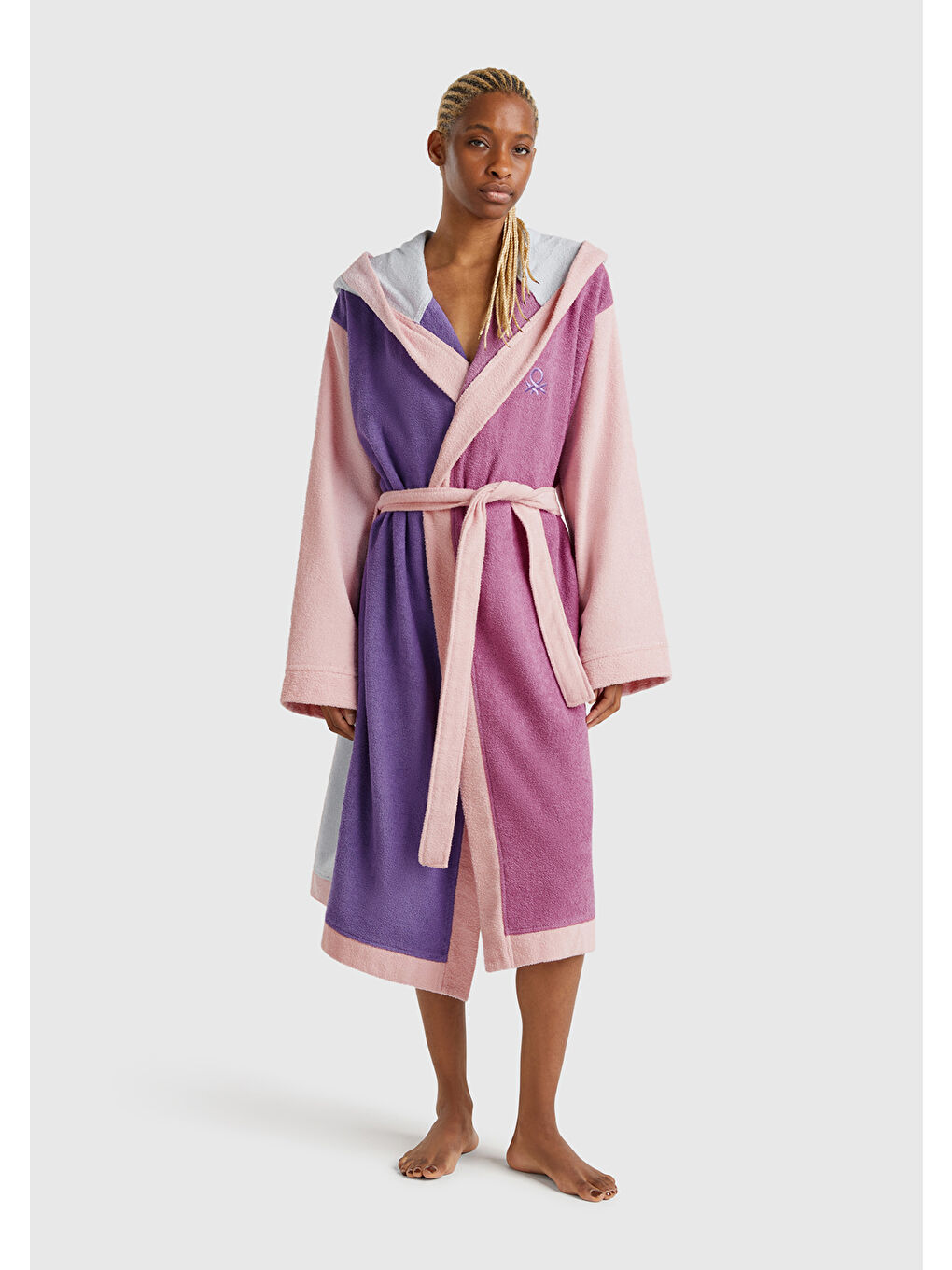 Unisex Mor Pembe  100 Pamuk Çok Renkli Beli Kuşaklı Kapüşonlu Bornoz