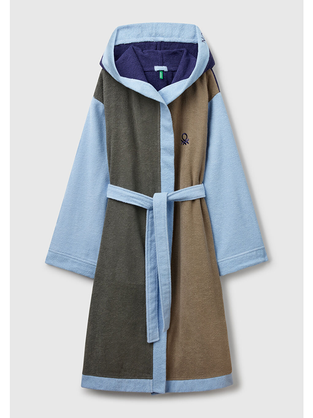 Unisex Lacivert Mix %100 Pamuk Çok Renkli Beli Kuşaklı Kapüşonlu Bornoz