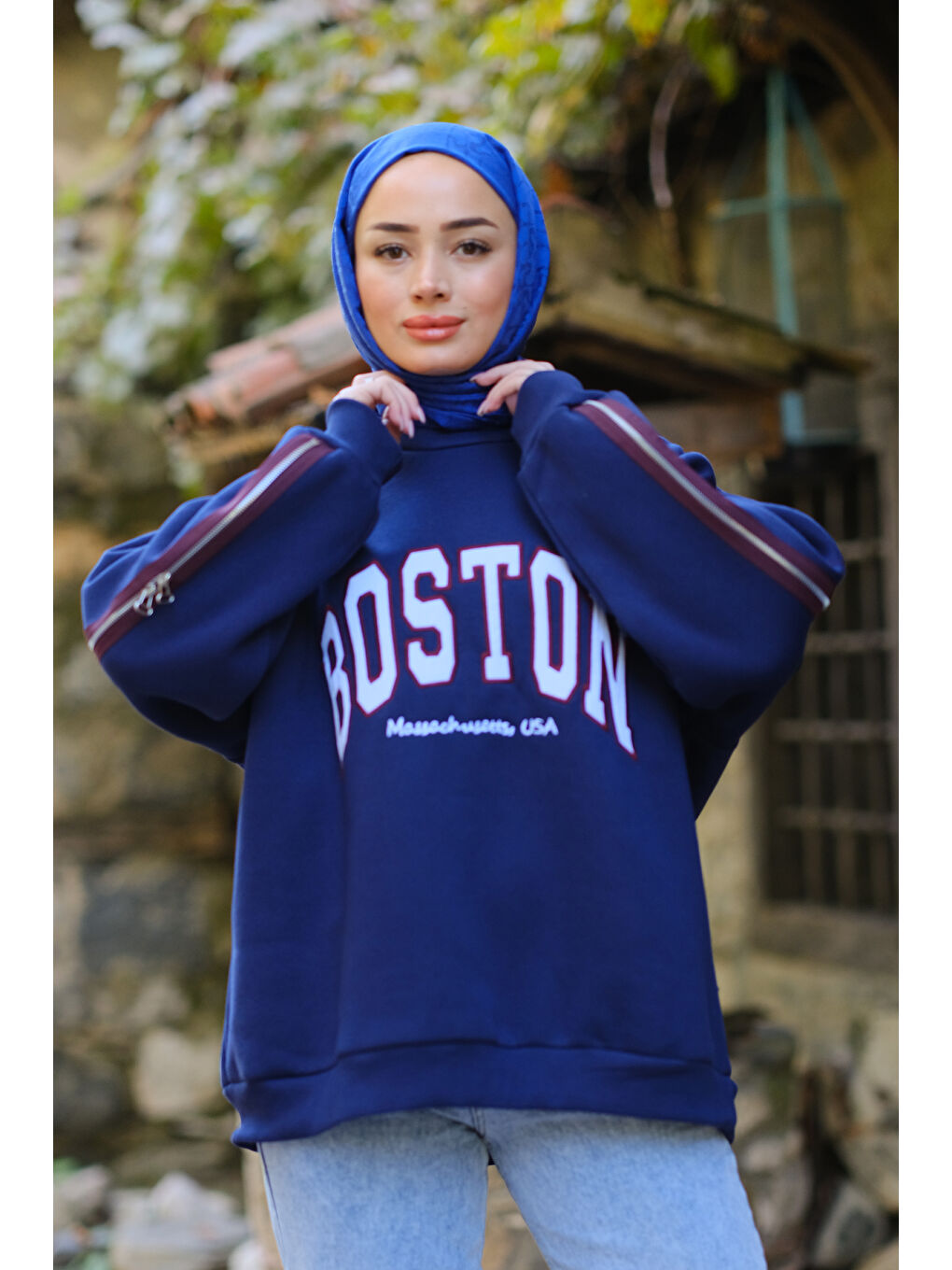 Locco Moda Fermuar Detaylı Boston Nakışlı Sweatshirt  Lacivert