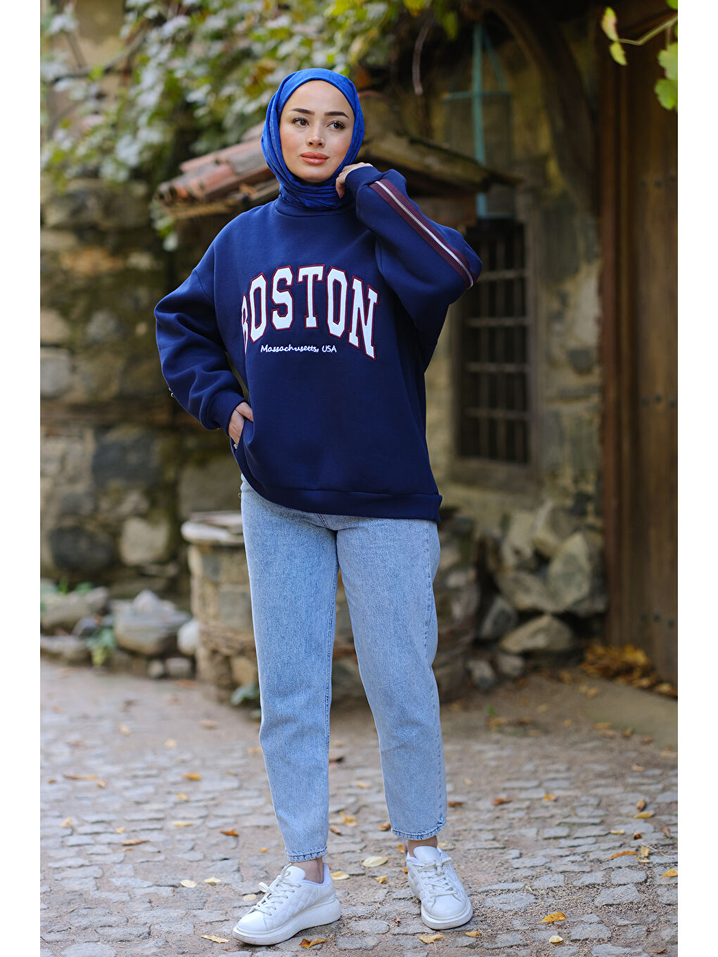 Locco Moda Fermuar Detaylı Boston Nakışlı Sweatshirt  Lacivert - 2