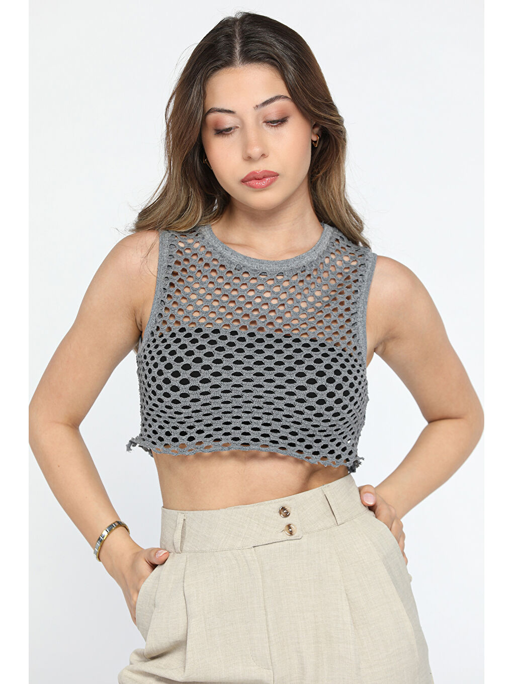 GÜLSELİ Gri Bisiklet Yaka File Kadın Crop Top Örme Süveter