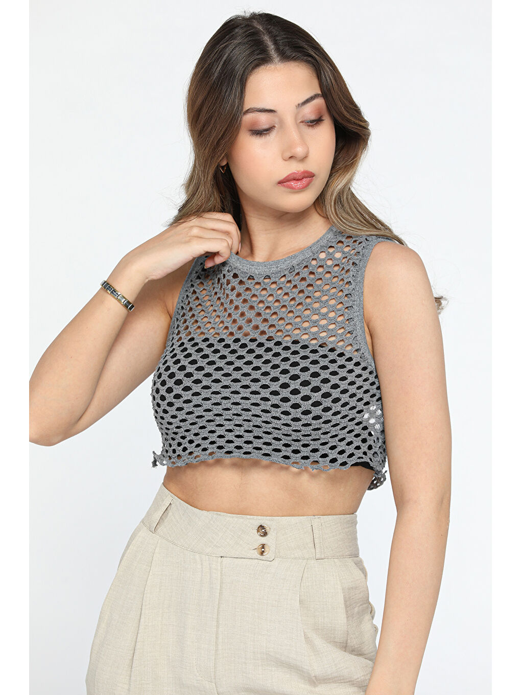 GÜLSELİ Gri Bisiklet Yaka File Kadın Crop Top Örme Süveter - 2