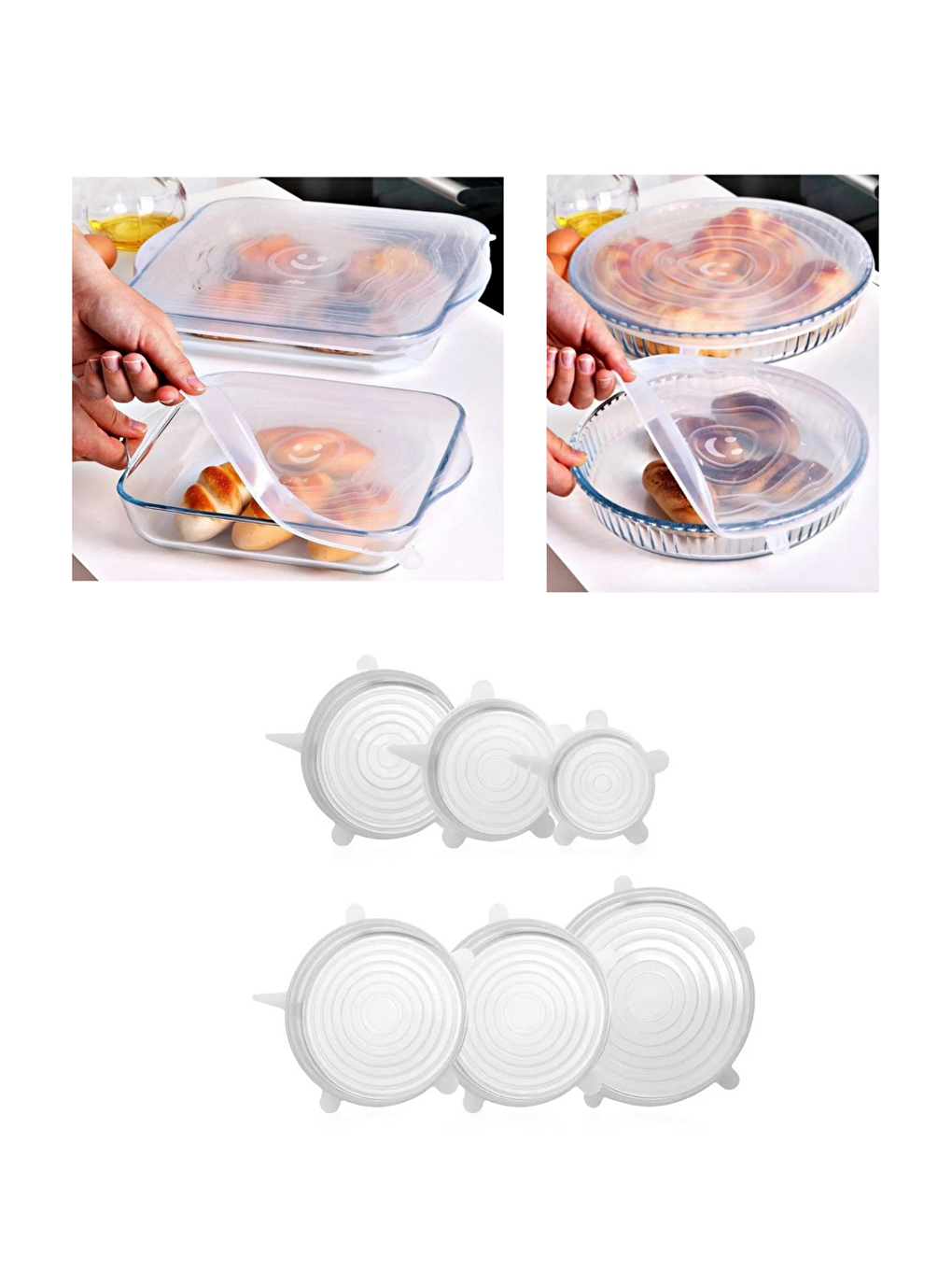 Renksiz Silikon 2 Boy Kare ve Yuvarlak Cam Saklama Kapağı 2'li ve Streç Kapak 6'lı Tencere Bonesi