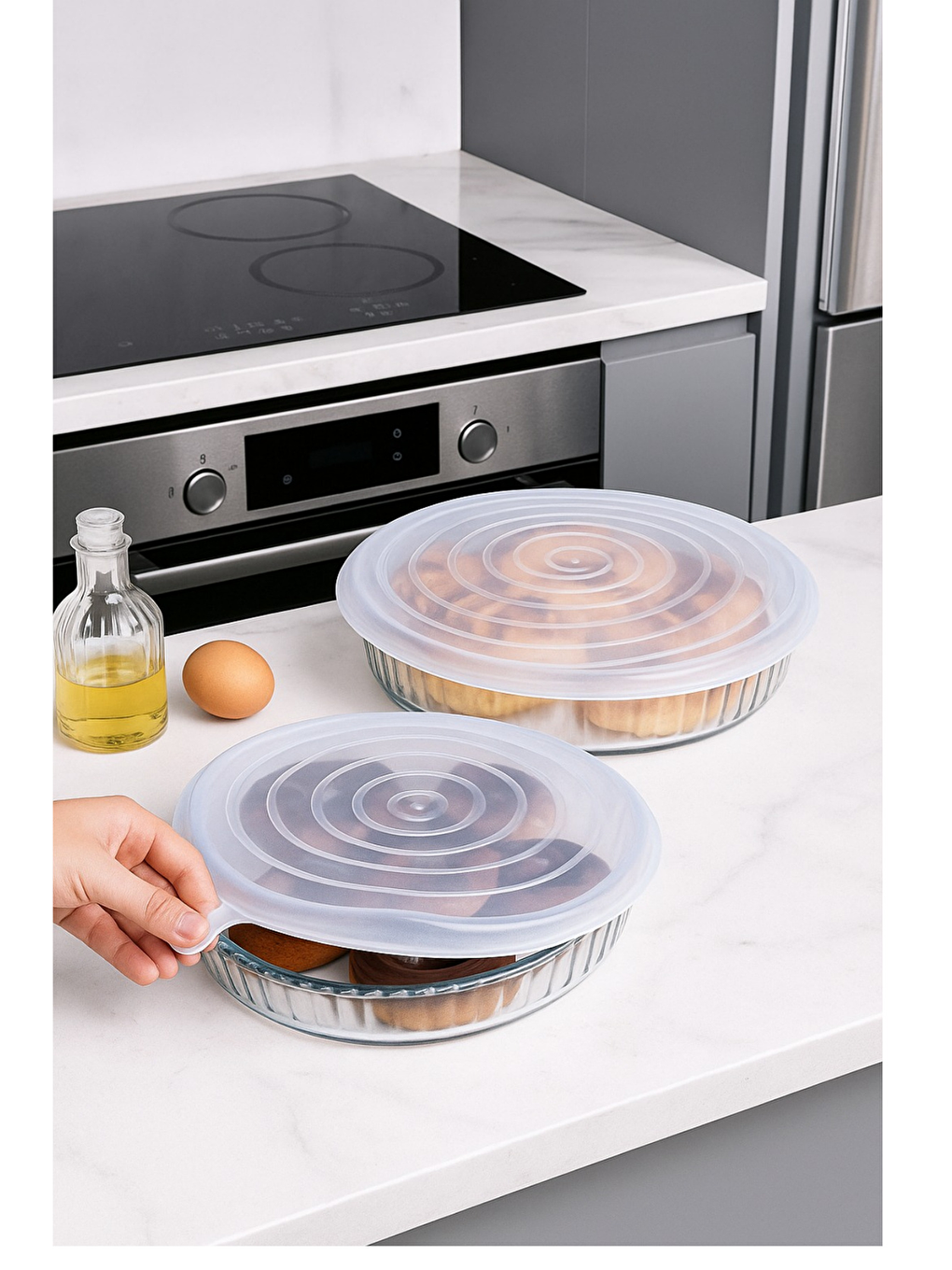 Renksiz Silikon 2 Boy Kare ve Yuvarlak Cam Saklama Kapağı 2'li ve Streç Kapak 6'lı Tencere Bonesi-1