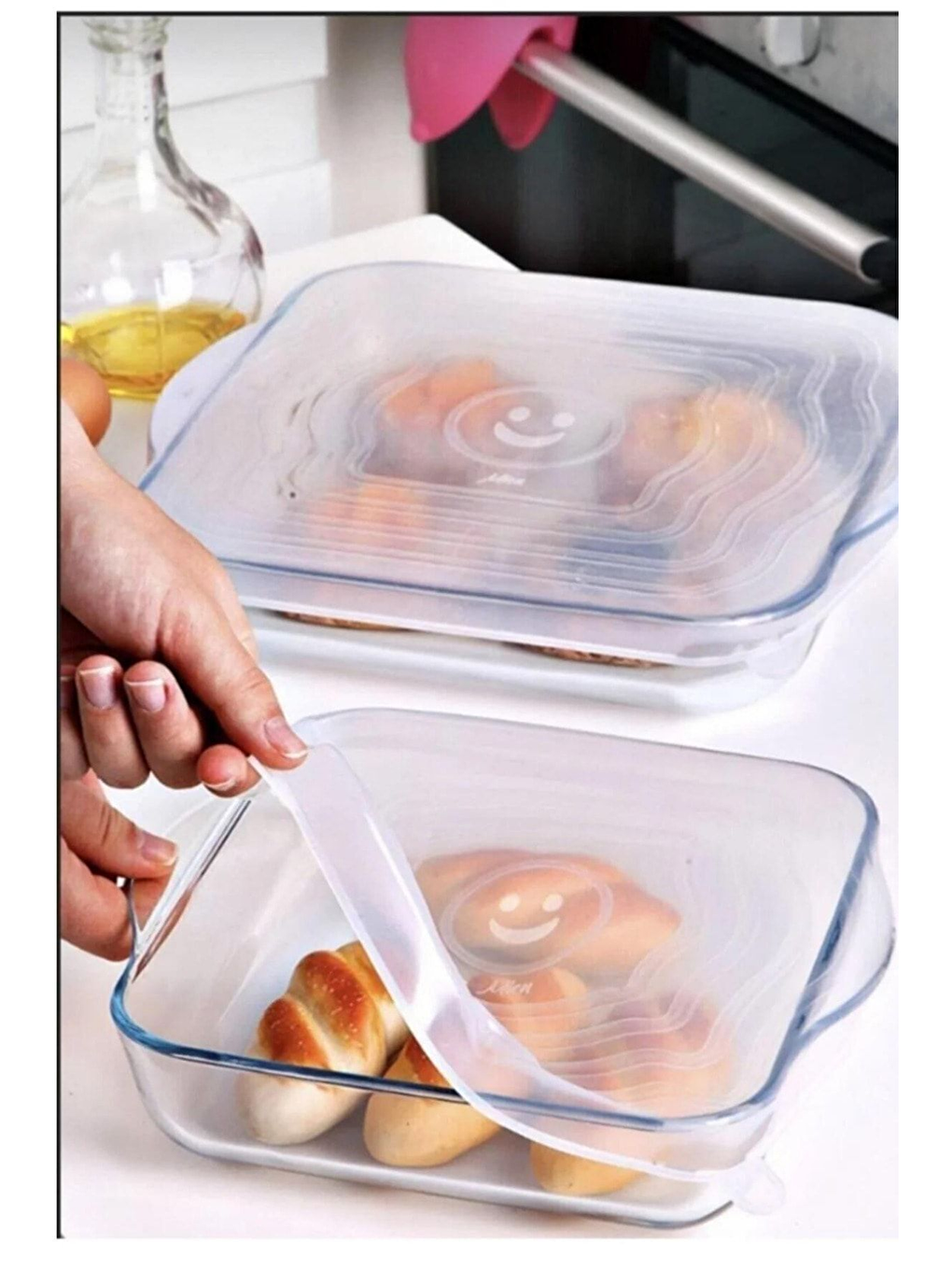 Renksiz Silikon 2 Boy Kare ve Yuvarlak Cam Saklama Kapağı 2'li ve Streç Kapak 6'lı Tencere Bonesi-2