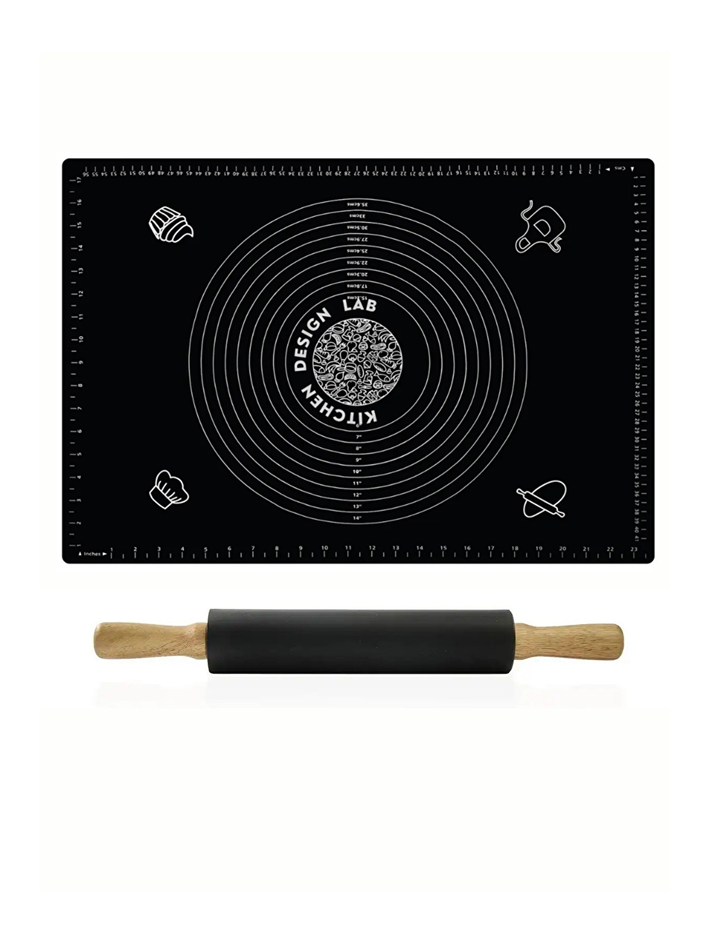 Siyah 45x65 Cm Silikon Hamur Açma Matı Ve Siyah Klasik Merdane