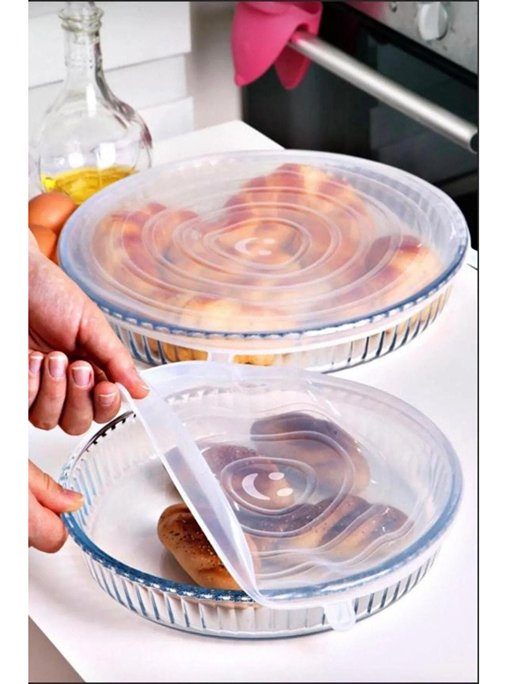 Renksiz Silikon 2 Boy Kare ve Yuvarlak Cam Saklama Kapağı 2'li ve Streç Kapak 6'lı Tencere Bonesi-3