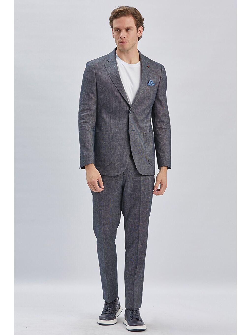 Koyu Lacivert Armürlü Mono Yaka Keten Karışımlı 6 Drop Slim Fit Casual Takım Elbise 1001240169