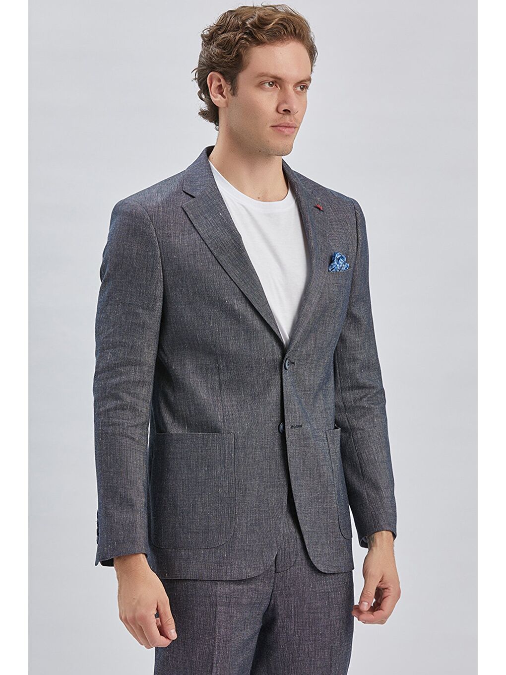 Koyu Lacivert Armürlü Mono Yaka Keten Karışımlı 6 Drop Slim Fit Casual Takım Elbise 1001240169-1