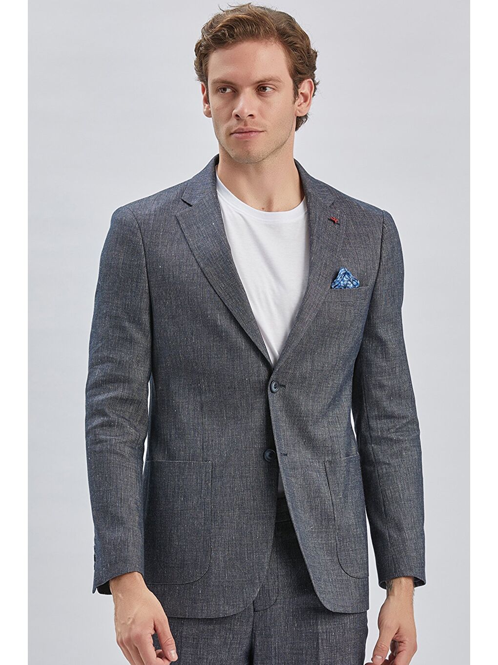 Koyu Lacivert Armürlü Mono Yaka Keten Karışımlı 6 Drop Slim Fit Casual Takım Elbise 1001240169-2