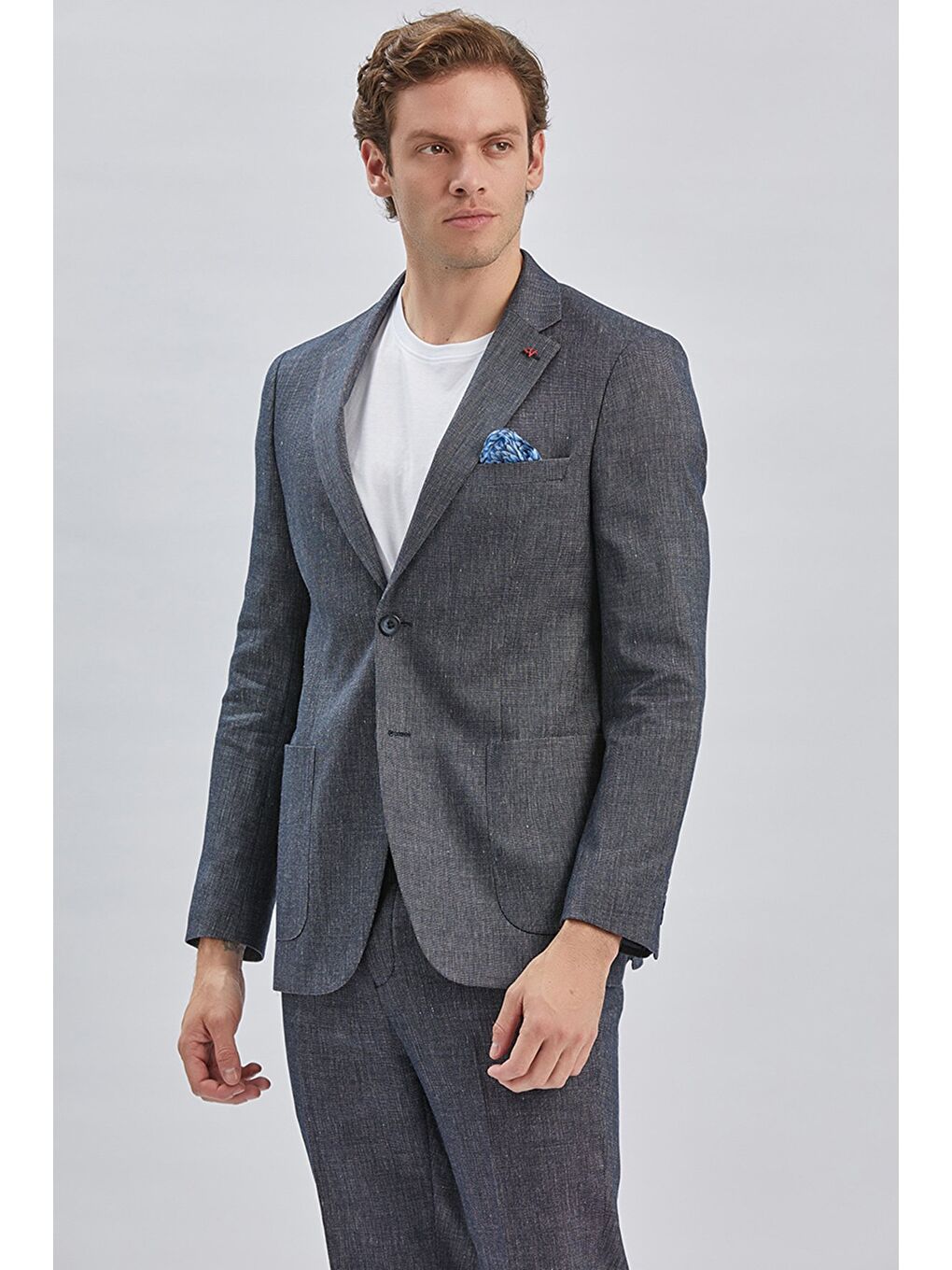 Koyu Lacivert Armürlü Mono Yaka Keten Karışımlı 6 Drop Slim Fit Casual Takım Elbise 1001240169-3