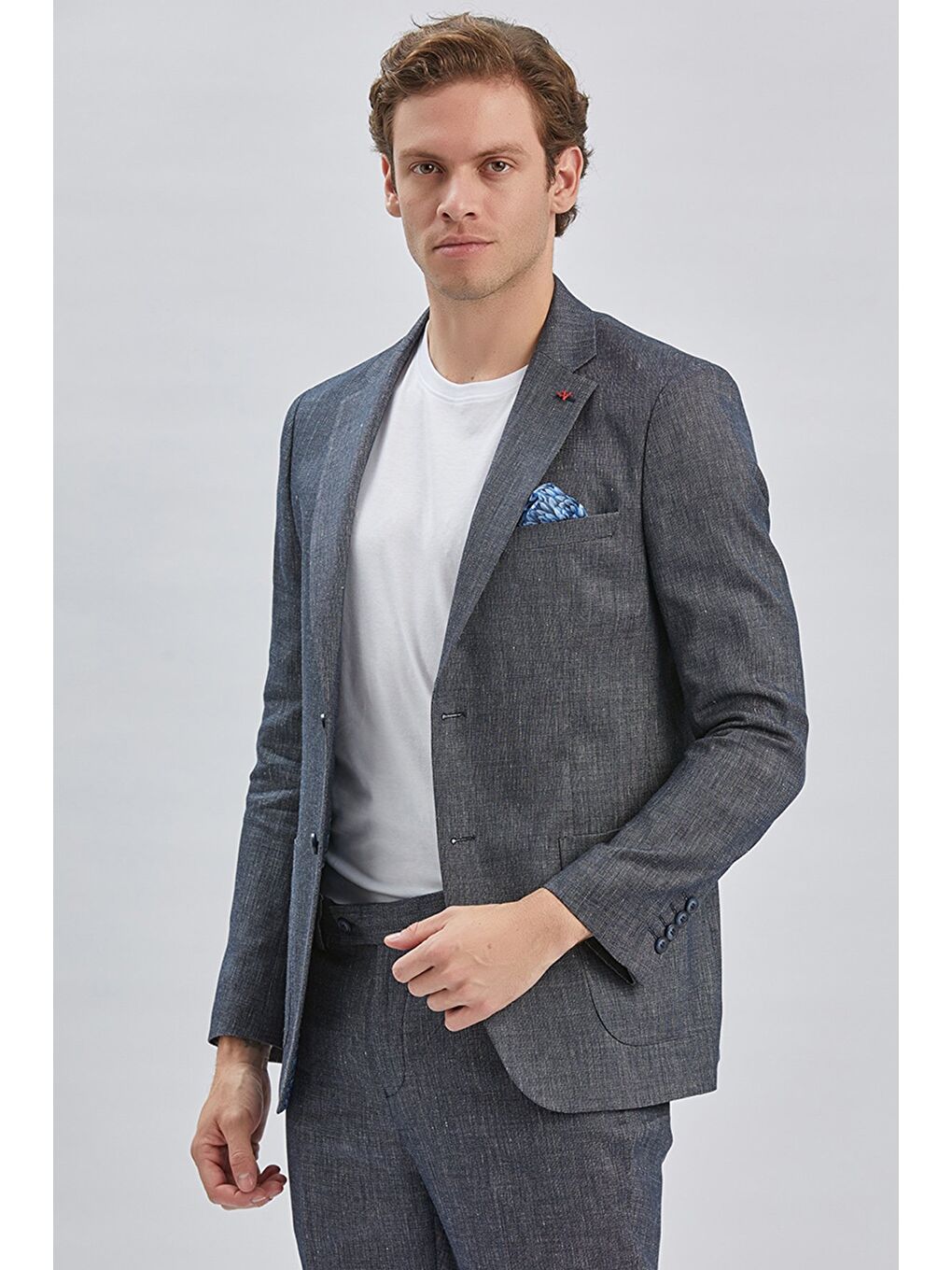 Koyu Lacivert Armürlü Mono Yaka Keten Karışımlı 6 Drop Slim Fit Casual Takım Elbise 1001240169-4