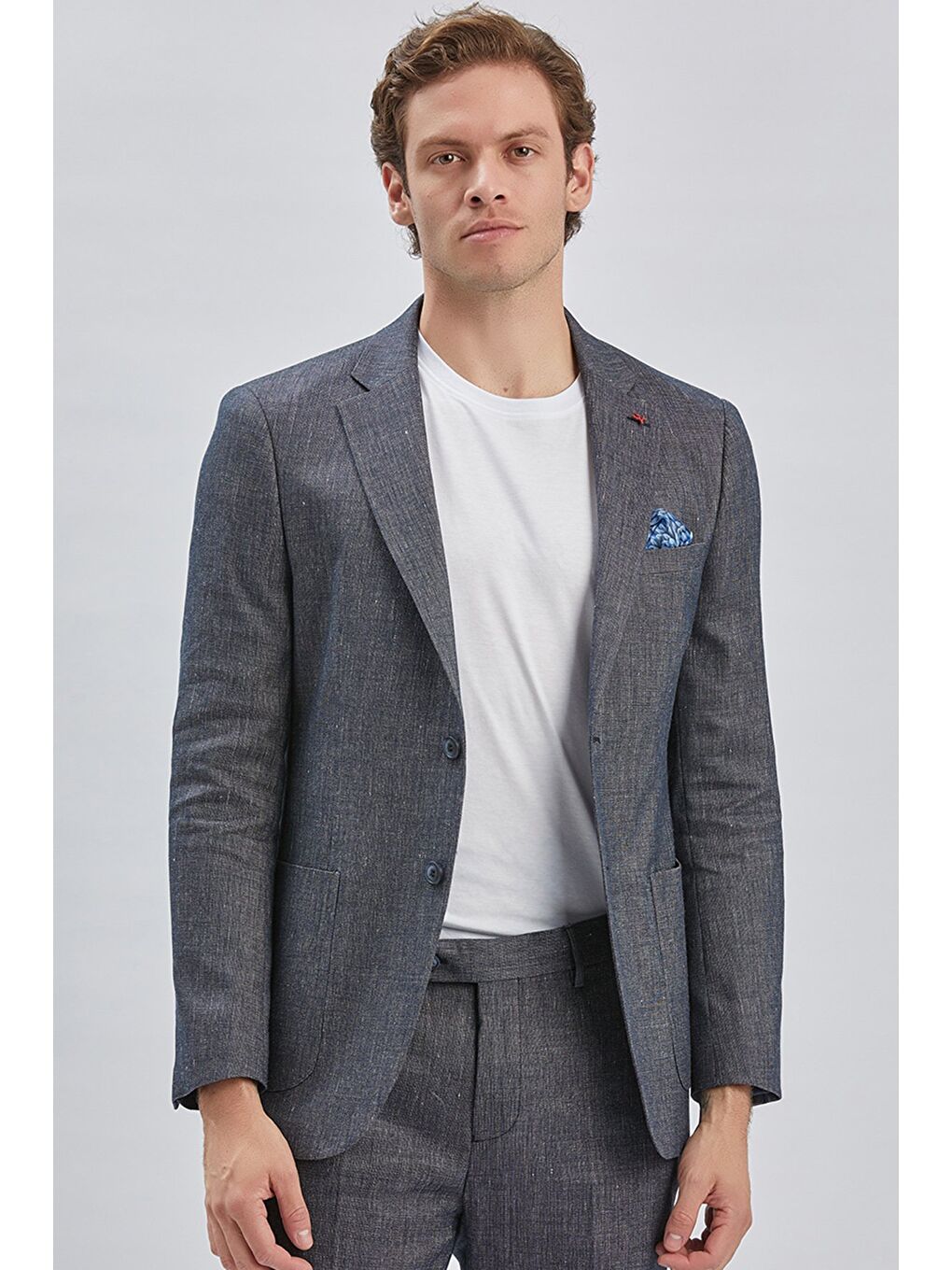 Koyu Lacivert Armürlü Mono Yaka Keten Karışımlı 6 Drop Slim Fit Casual Takım Elbise 1001240169-5