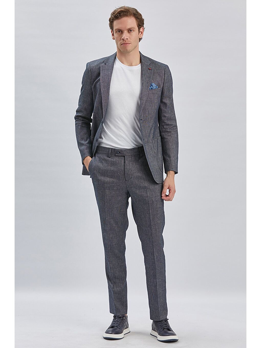 Koyu Lacivert Armürlü Mono Yaka Keten Karışımlı 6 Drop Slim Fit Casual Takım Elbise 1001240169-6