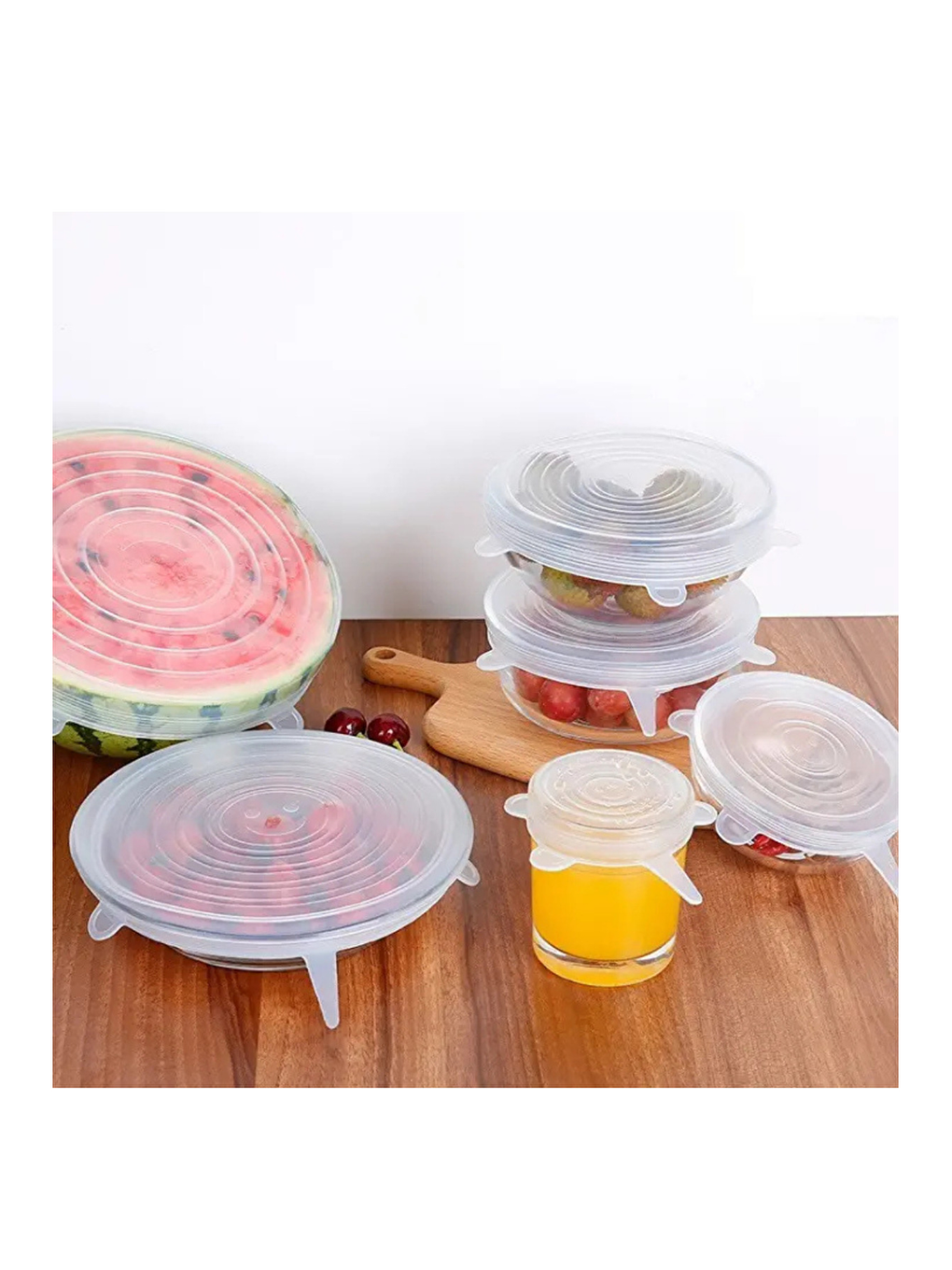 Renksiz Silikon 2 Boy Kare ve Yuvarlak Cam Saklama Kapağı 2'li ve Streç Kapak 6'lı Tencere Bonesi-6