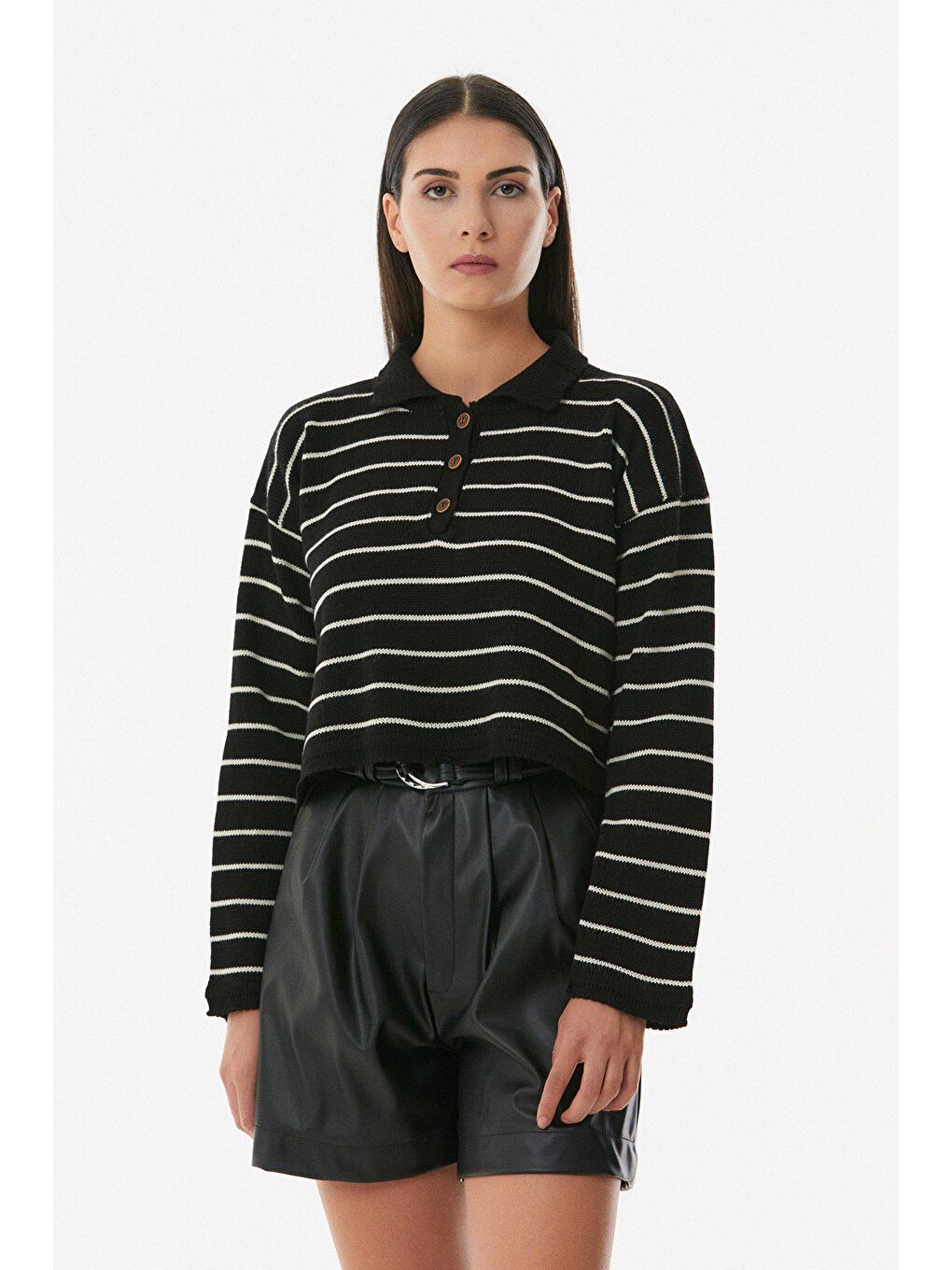 Siyah Çizgili Polo Yaka Oversize Triko Kazak