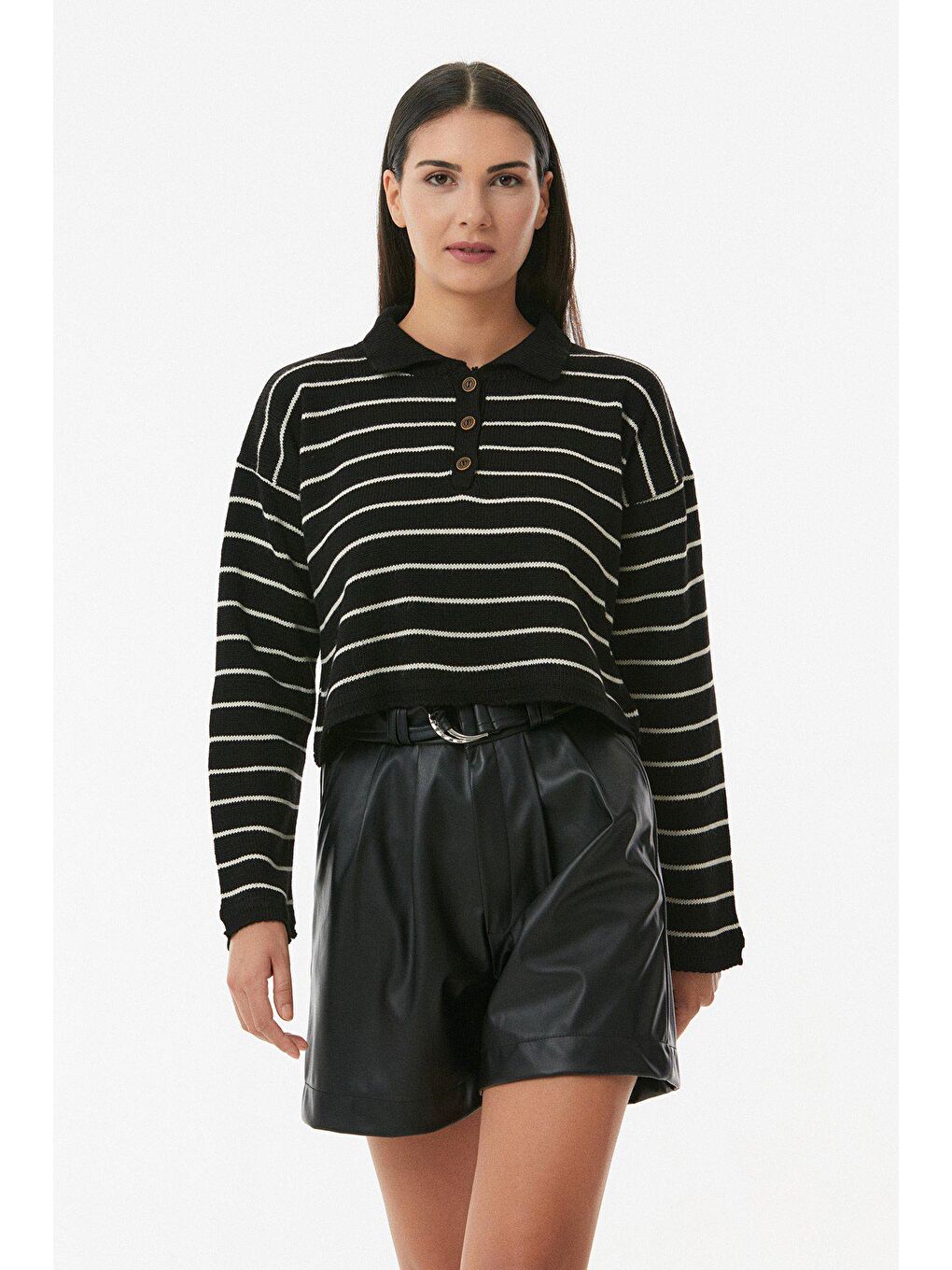 Siyah Çizgili Polo Yaka Oversize Triko Kazak-4