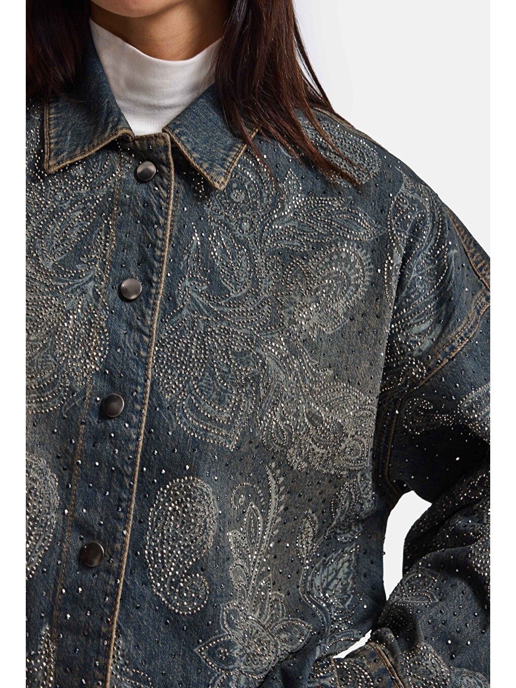 Mavi Kadın Jean Rengi T-10w6-8 Oversize Parlak Taş Ve Desen Özel Tasarım Denim Ceket-3