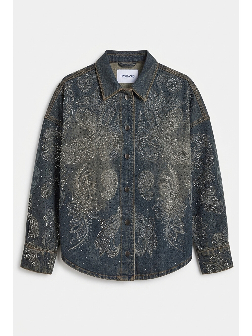 Mavi Kadın Jean Rengi T-10w6-8 Oversize Parlak Taş Ve Desen Özel Tasarım Denim Ceket-4