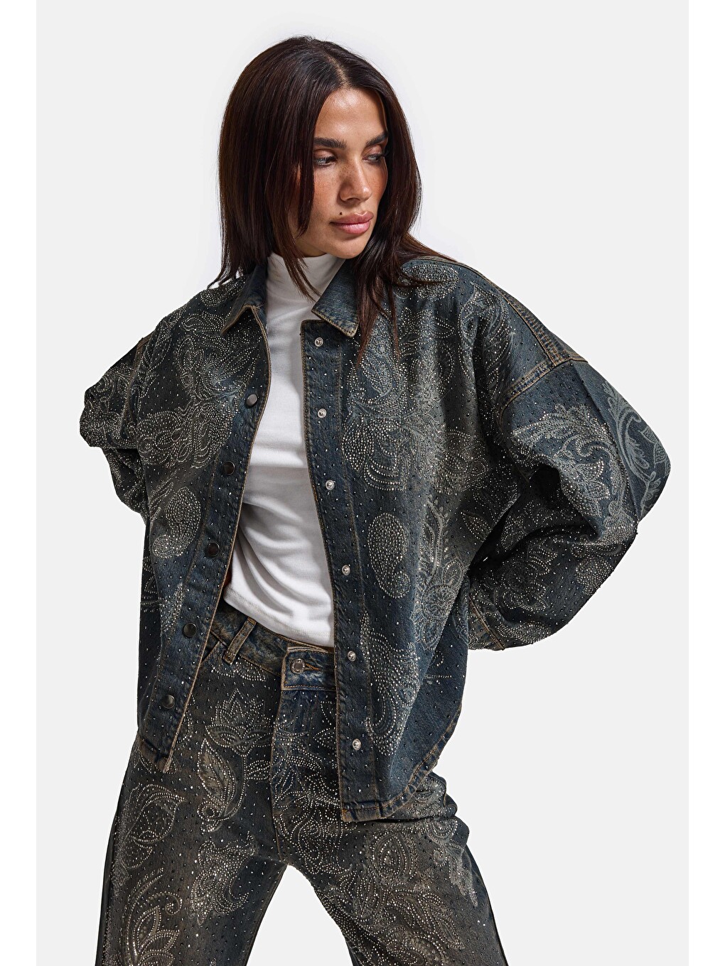 Mavi Kadın Jean Rengi T-10w6-8 Oversize Parlak Taş Ve Desen Özel Tasarım Denim Ceket-6