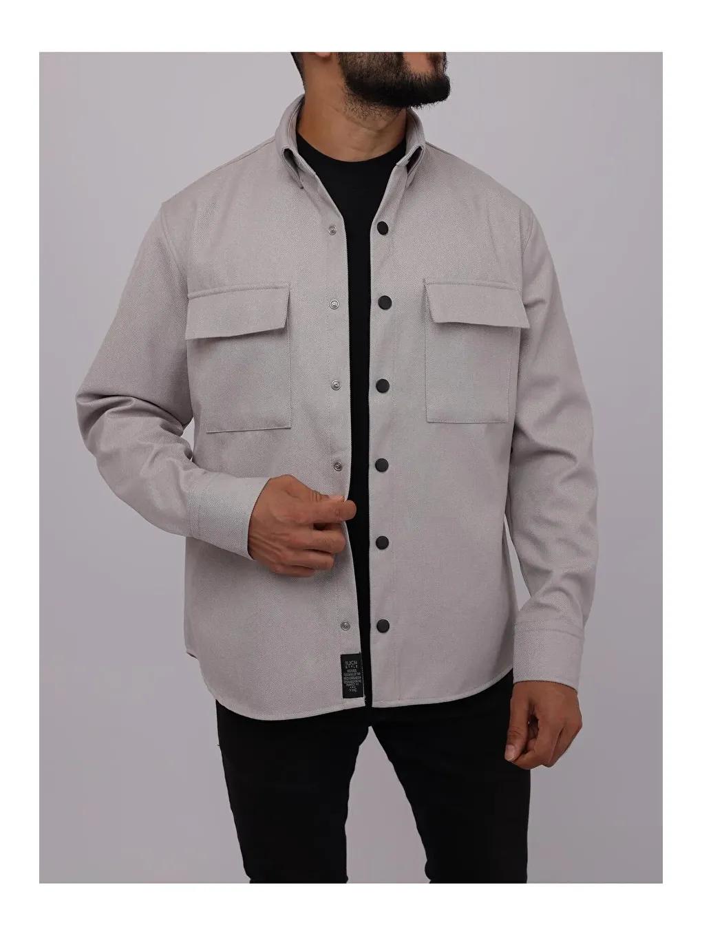 Gri Erkek Kaplamalı Yün Effectli Örme Gömlek