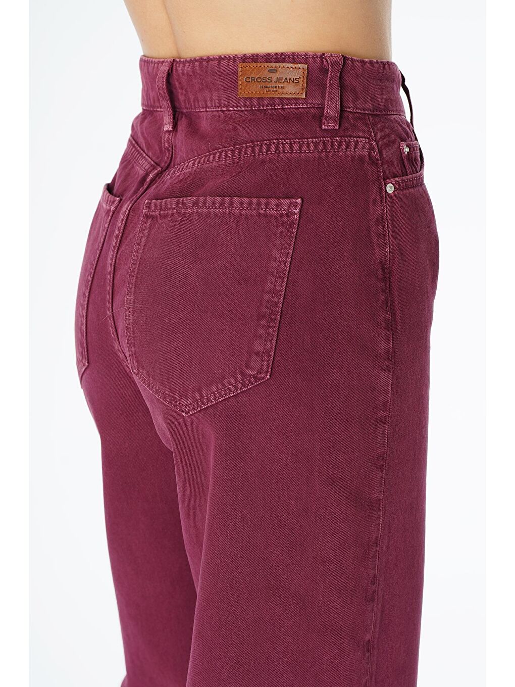 CROSS JEANS Bordo Weslie Bordo Yüksek Bel Fermuarlı Wideleg Fit Jean Pantolon - 4