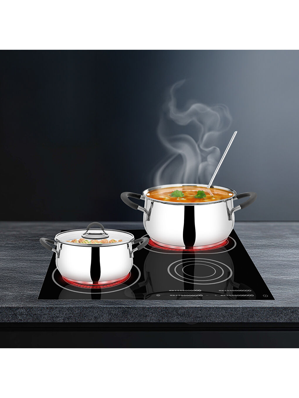 Gri Modernist 6 Parça Çelik Tencere Seti, 18/10 Paslanmaz Çelik, 18-22-26 cm-2