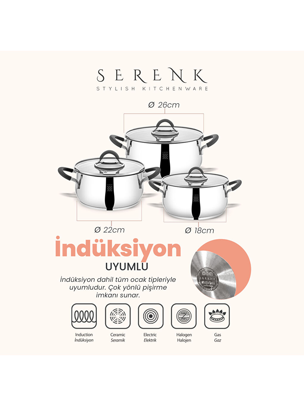 Gri Modernist 6 Parça Çelik Tencere Seti, 18/10 Paslanmaz Çelik, 18-22-26 cm-3