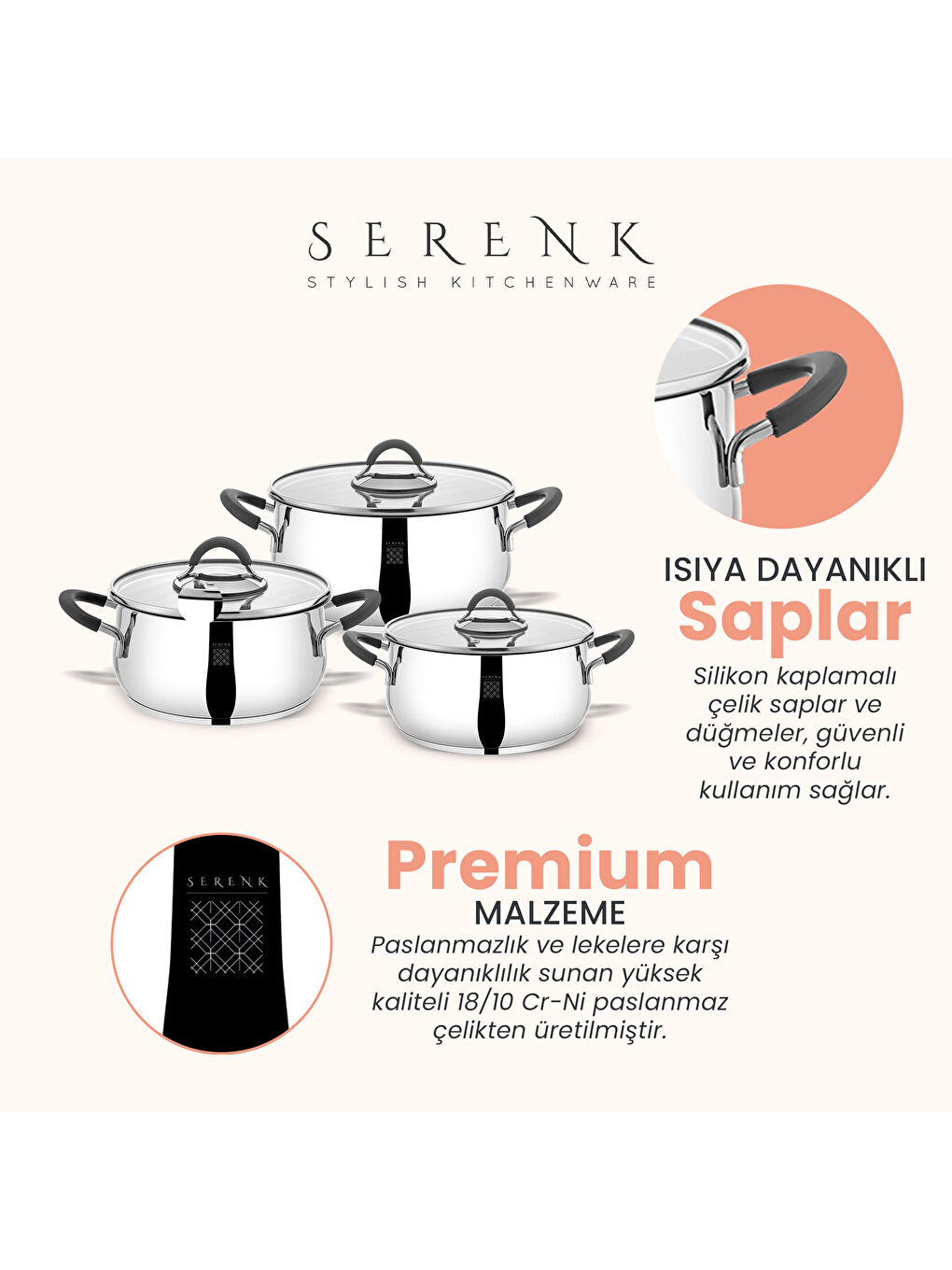 Gri Modernist 6 Parça Çelik Tencere Seti, 18/10 Paslanmaz Çelik, 18-22-26 cm-4