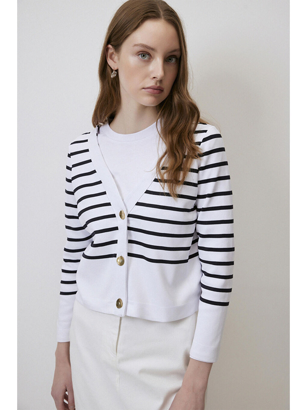 Ekru Çizgili Kısa Triko Hırka-1