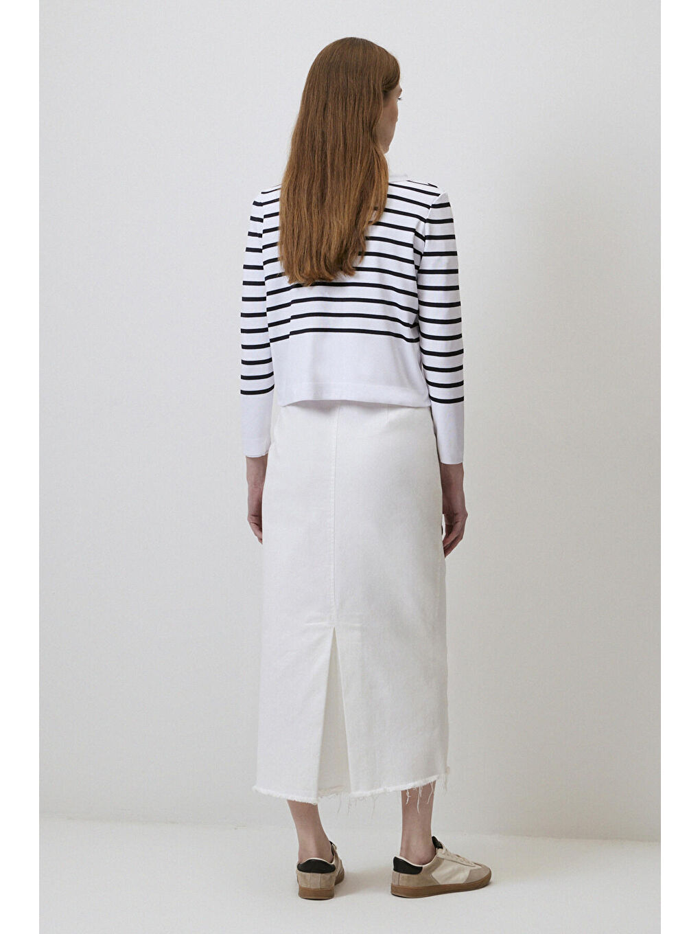 Ekru Çizgili Kısa Triko Hırka-2