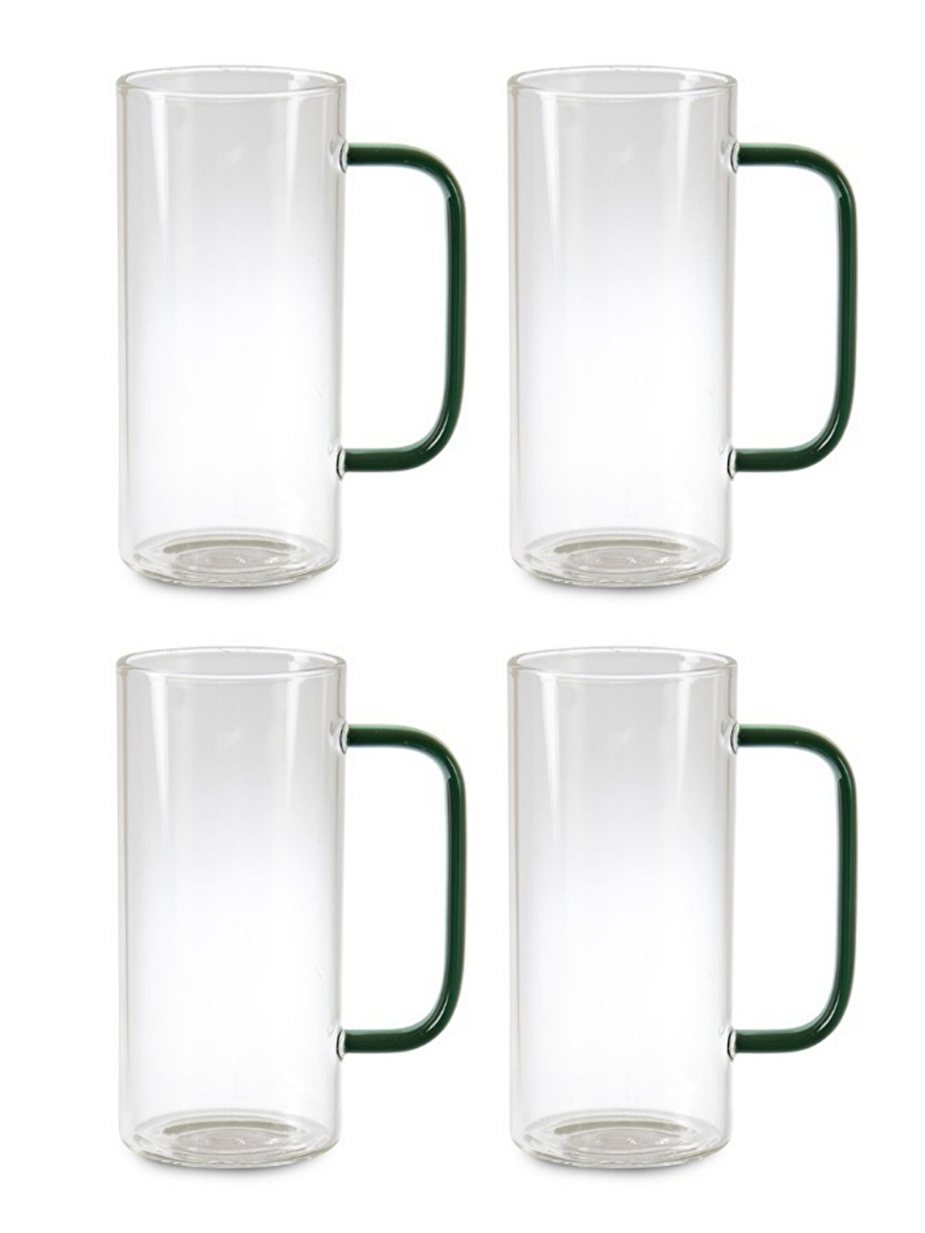 Renksiz Yeşil Renk Borosilikat Yuvarlak Cam Bardak Kulplu Kupa 400 ml 4 Adet