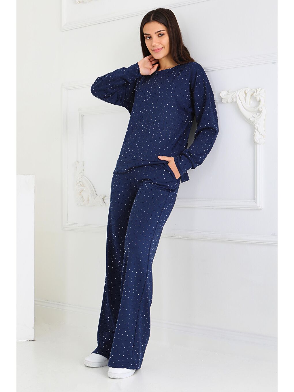 Taşlı Modal İkili Takım Lacivert - 27868-LACIVERT