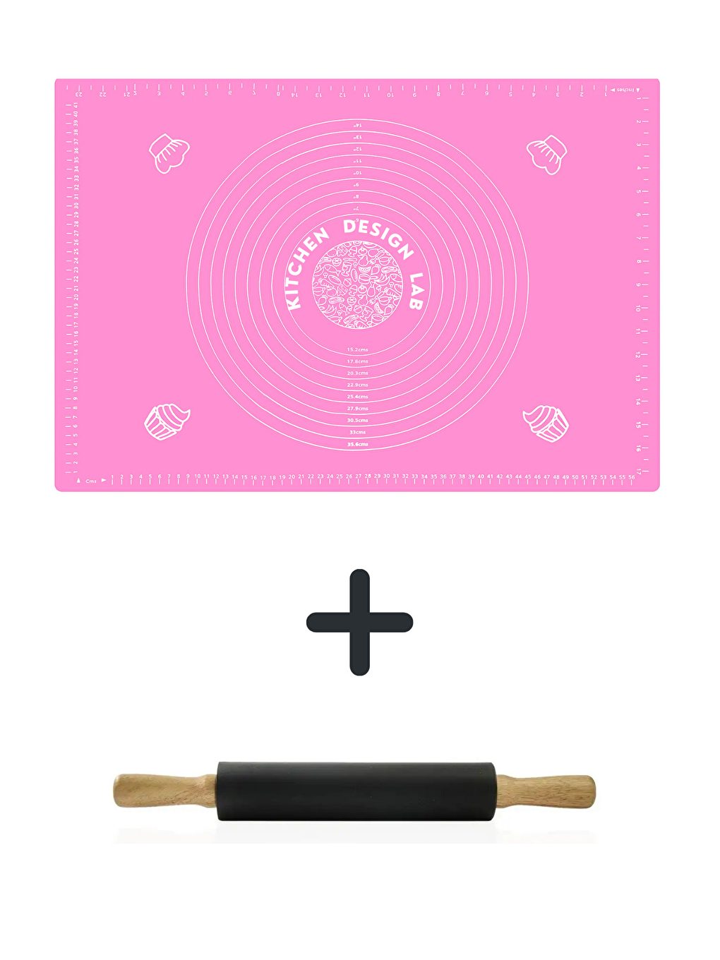 Pembe 45x65 Cm Silikon Hamur Açma Matı Ve Siyah Klasik Merdane