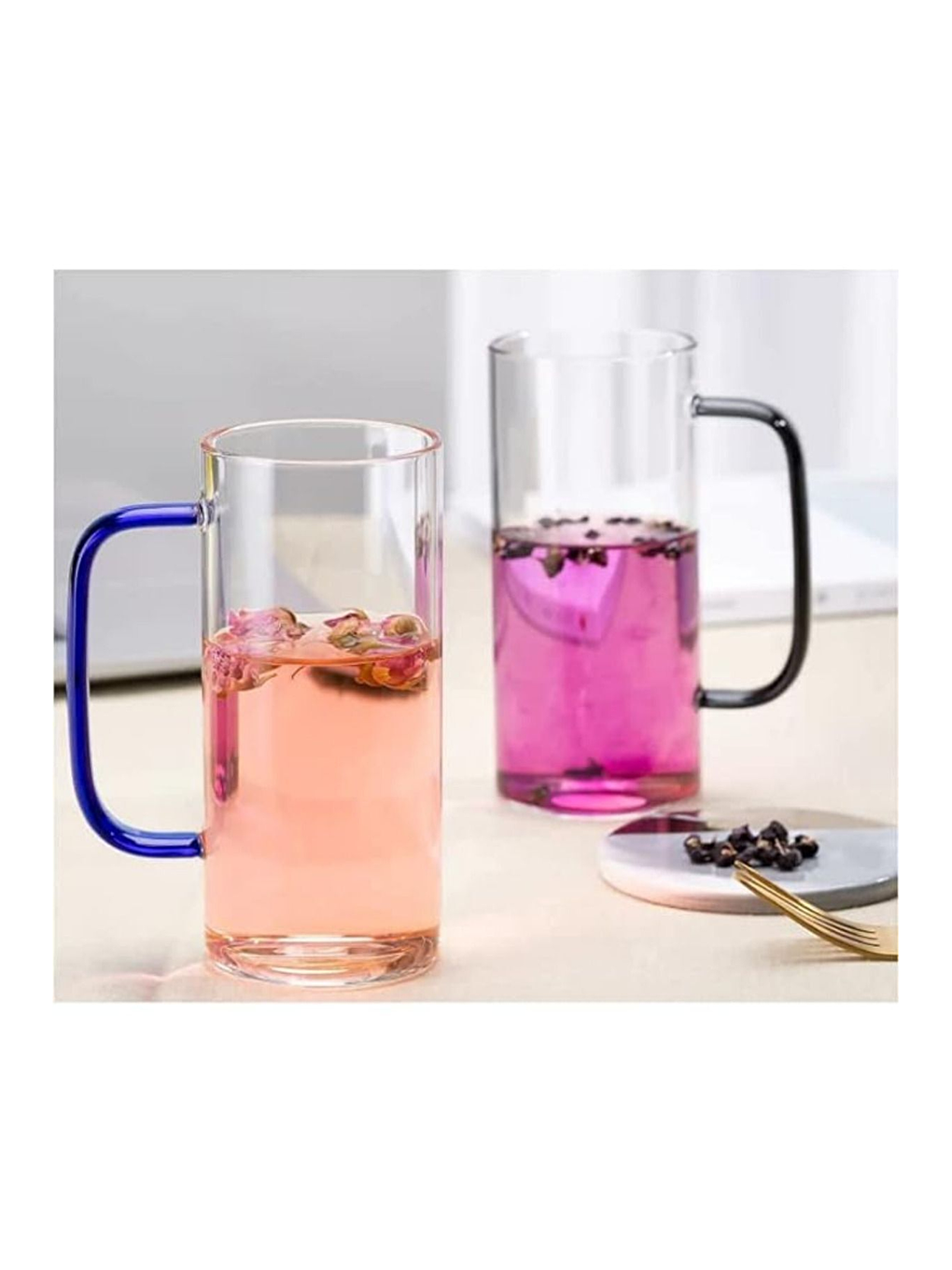 Renksiz Yeşil Renk Borosilikat Yuvarlak Cam Bardak Kulplu Kupa 400 ml 4 Adet-1