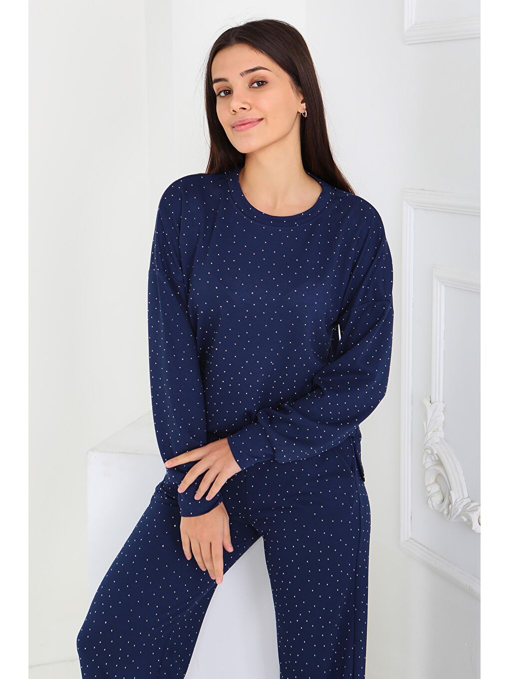 Taşlı Modal İkili Takım Lacivert - 27868-LACIVERT-2