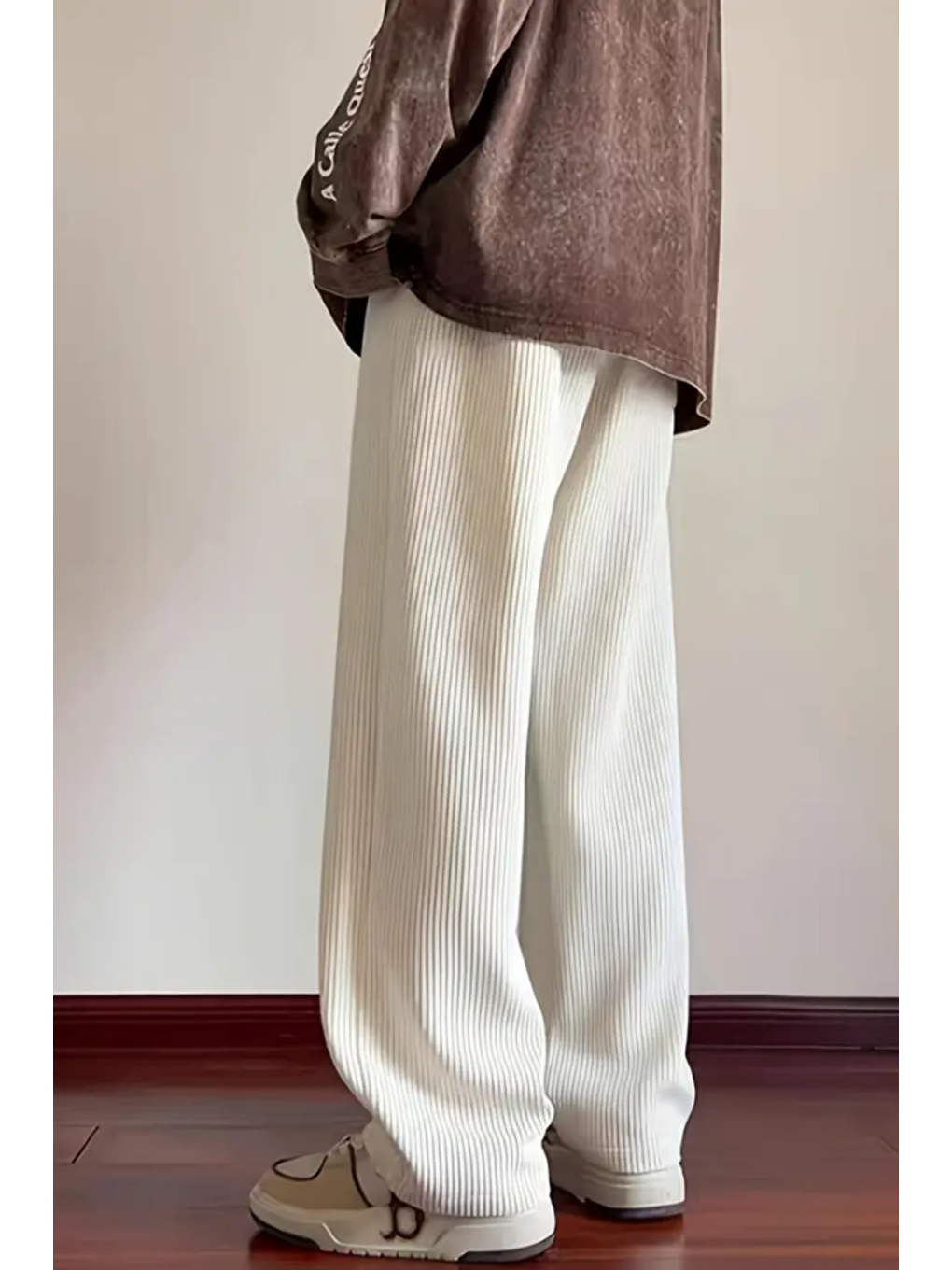 Bej Erkek Kadife Wide Leg Pantolon-1