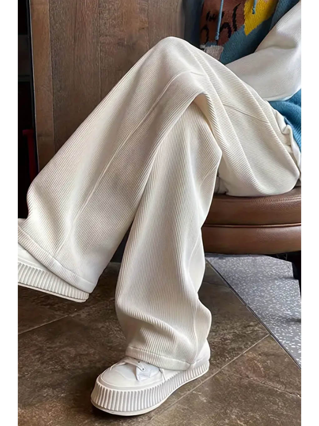 Bej Erkek Kadife Wide Leg Pantolon-2