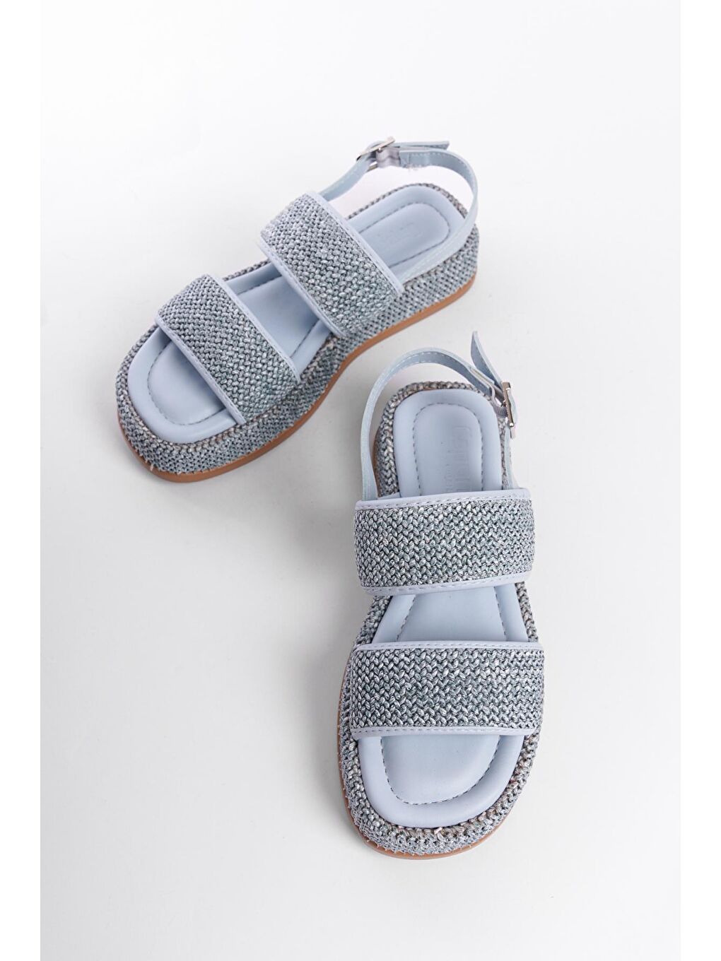 Mavi Düz Topuklu Hasır Çift Bantlı Kadın Sandalet-3