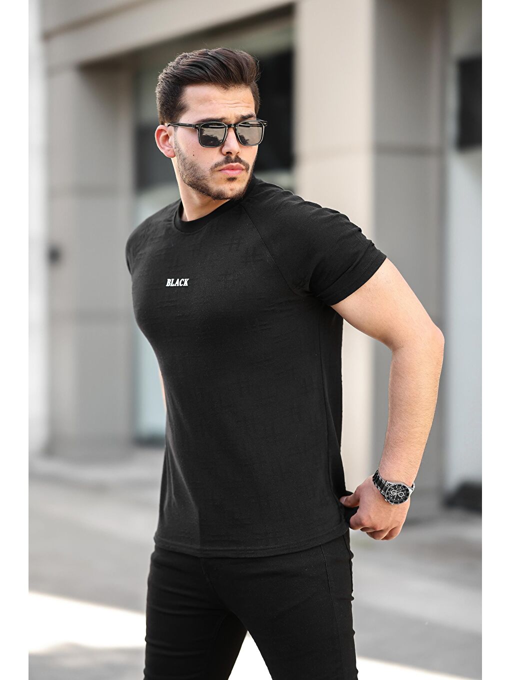 comstar Siyah Kendinden Desenli Slim Fit Erkek Tişört - 2