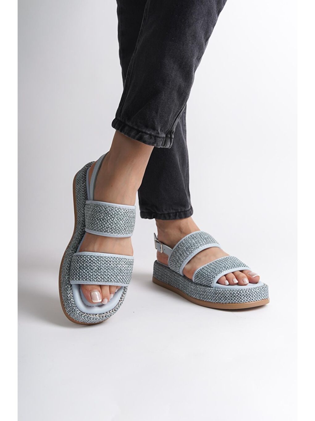 Mavi Düz Topuklu Hasır Çift Bantlı Kadın Sandalet-4