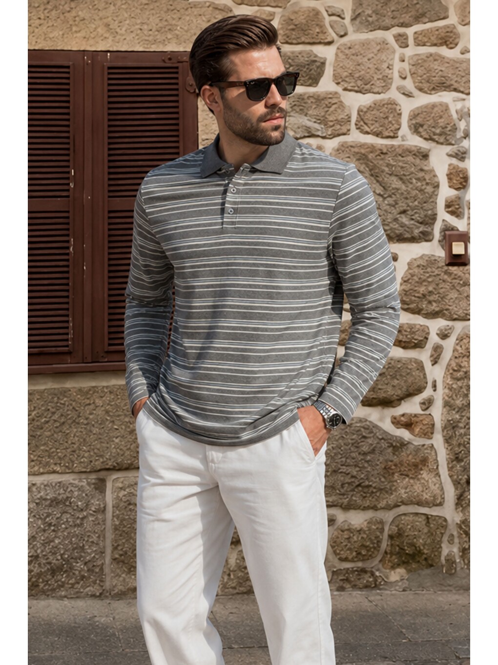 Gri Regular Fit Çizgili Polo Yaka Erkek Tişört E7192-1