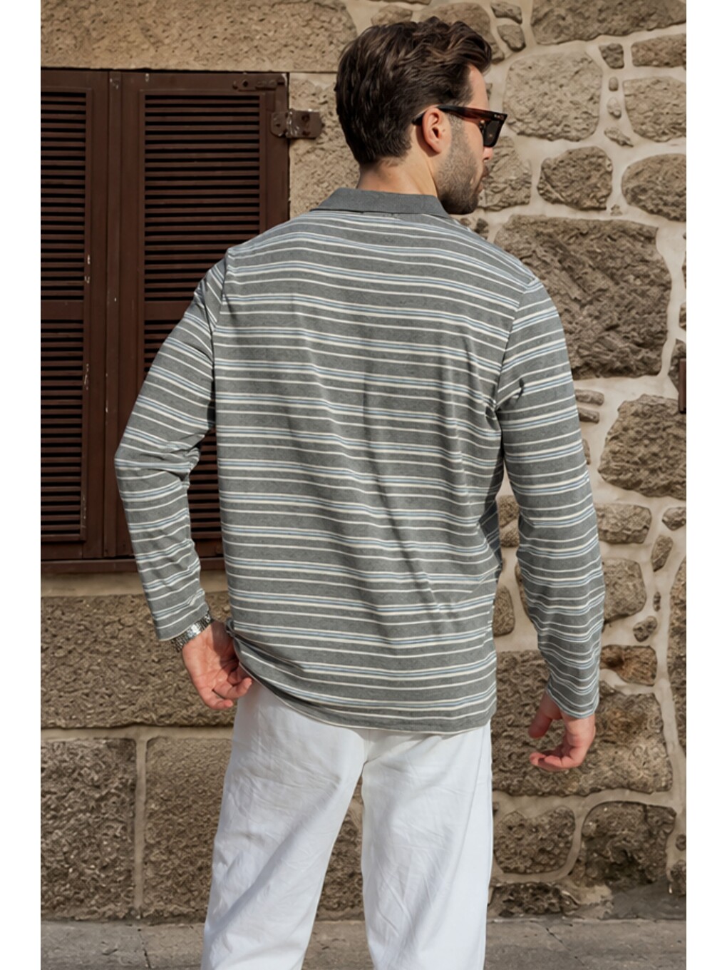 Gri Regular Fit Çizgili Polo Yaka Erkek Tişört E7192-2
