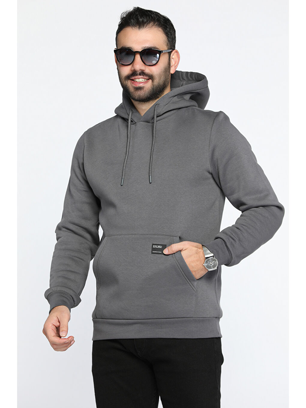 Mishar İtalia Gri Erkek Kapüşonlu Şardonlu Üç İplik Sweatshirt