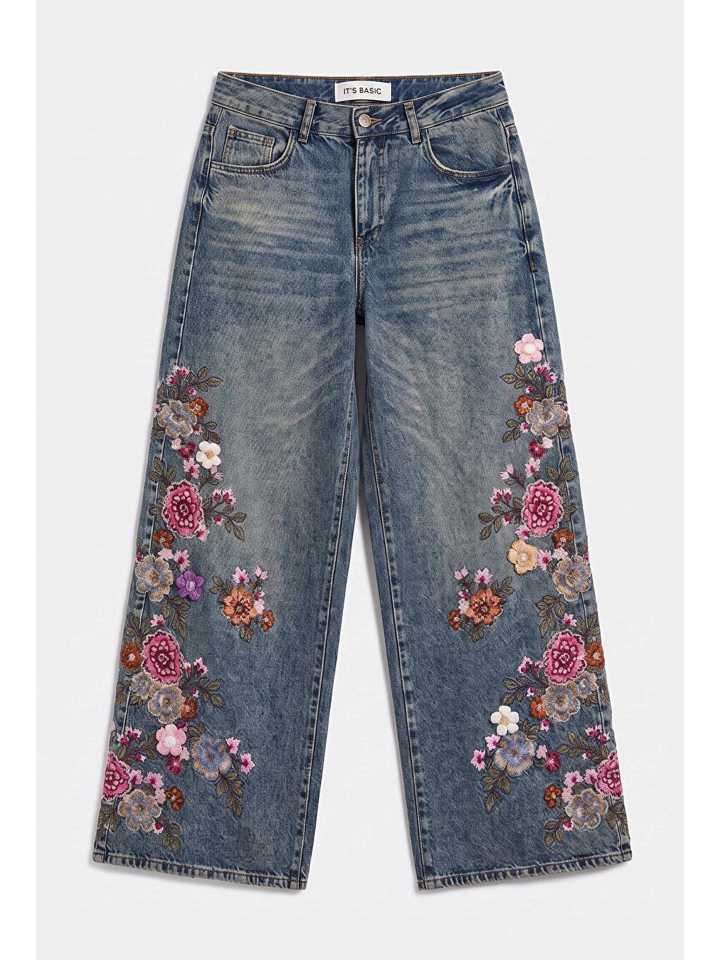 Mavi Kadın Jean Renk 4w6-8 Palazzo Fit Nakış Ve 3d Gül Detaylı Özel Tasarım Denim Jean-5
