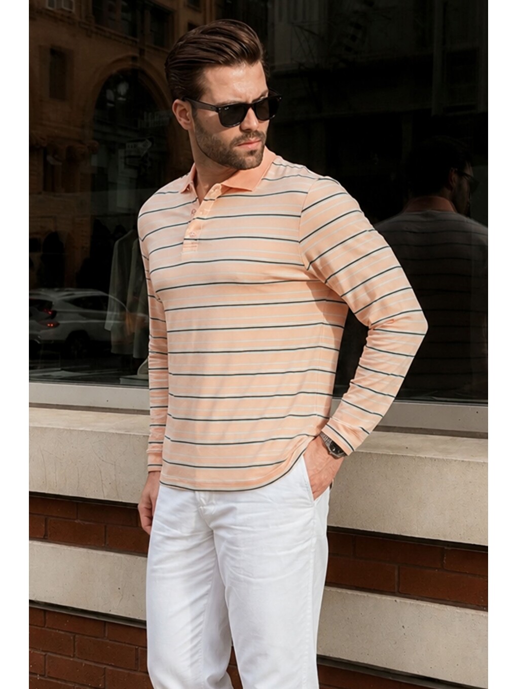Pembe Pudra Regular Fit Çizgili Polo Yaka Erkek Tişört E7192-1