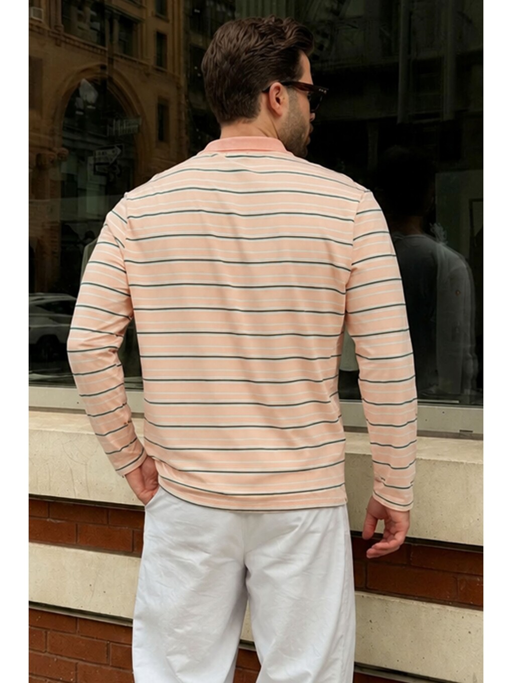 Pembe Pudra Regular Fit Çizgili Polo Yaka Erkek Tişört E7192-2