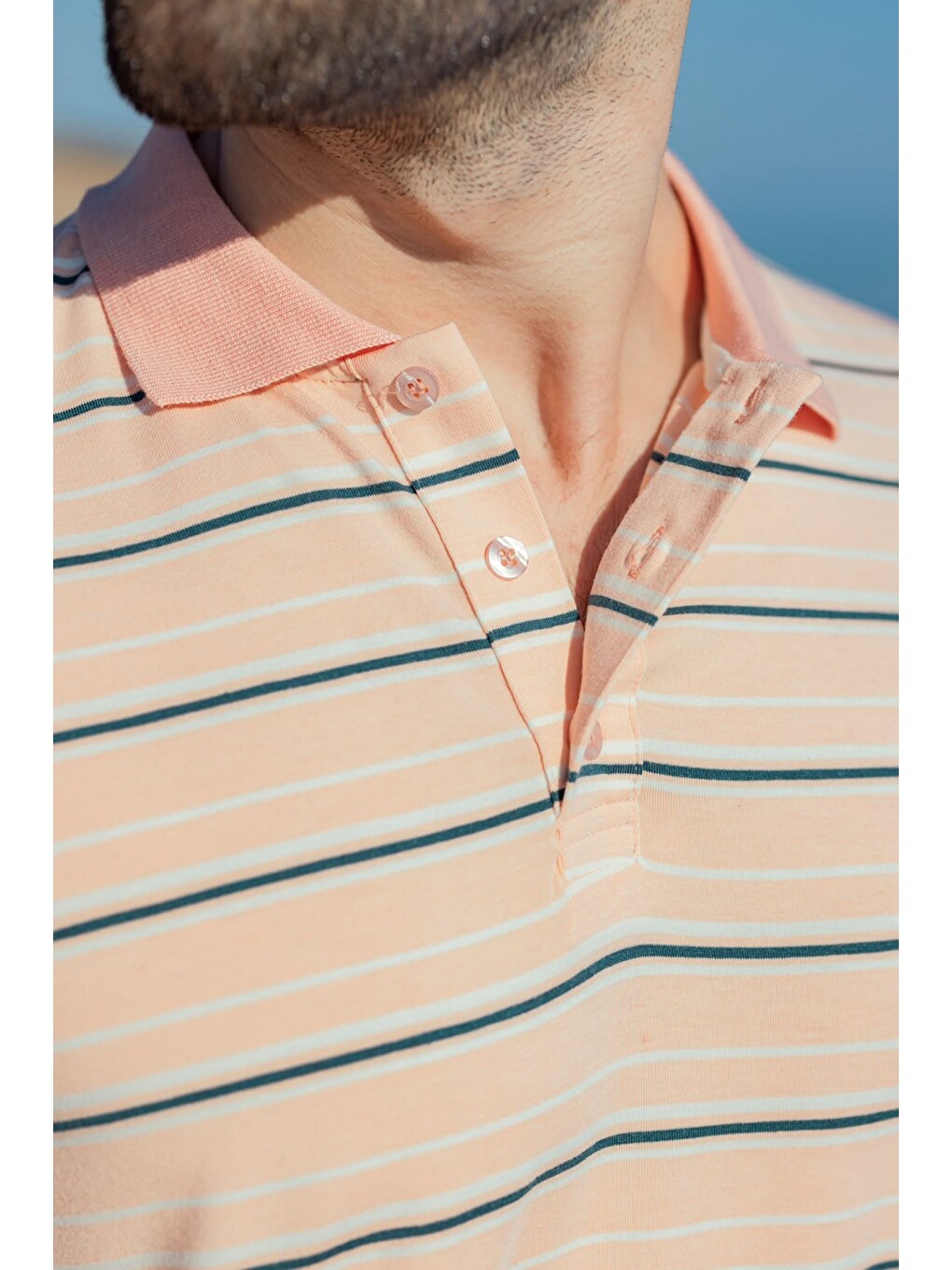 Pembe Pudra Regular Fit Çizgili Polo Yaka Erkek Tişört E7192-3
