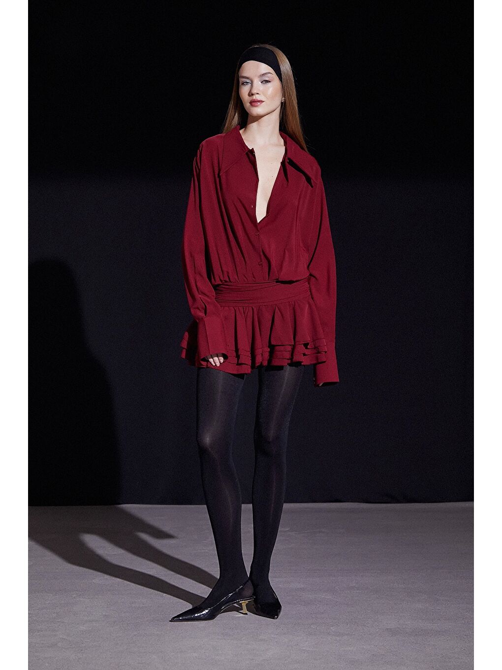 Gömlek Yaka Eteği Fırfırlı Elbise Bordo-2